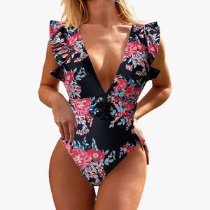 Avanova women's Floral Ruffle‎ deep V neck strappy One Piece Swimsuit M